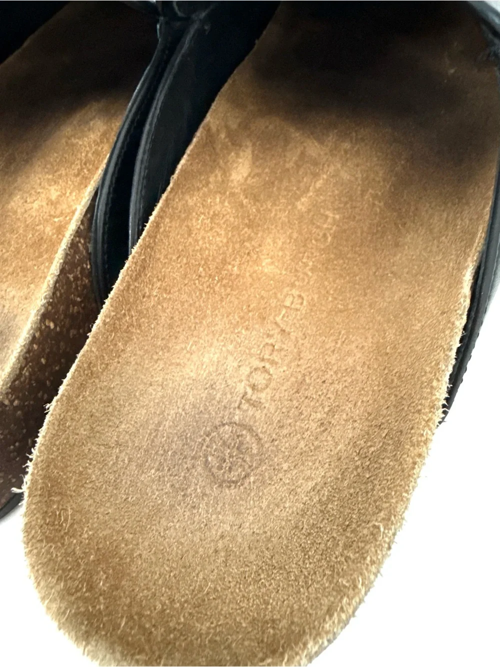 EUC Tory Burch Charm Mules Flat Slip-on Black Genuine Leather Natural Cork